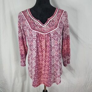 RED CAMEL Size Medium 100% Cotton Beaded Pleated‎ Geometric Pink Floral Blouse